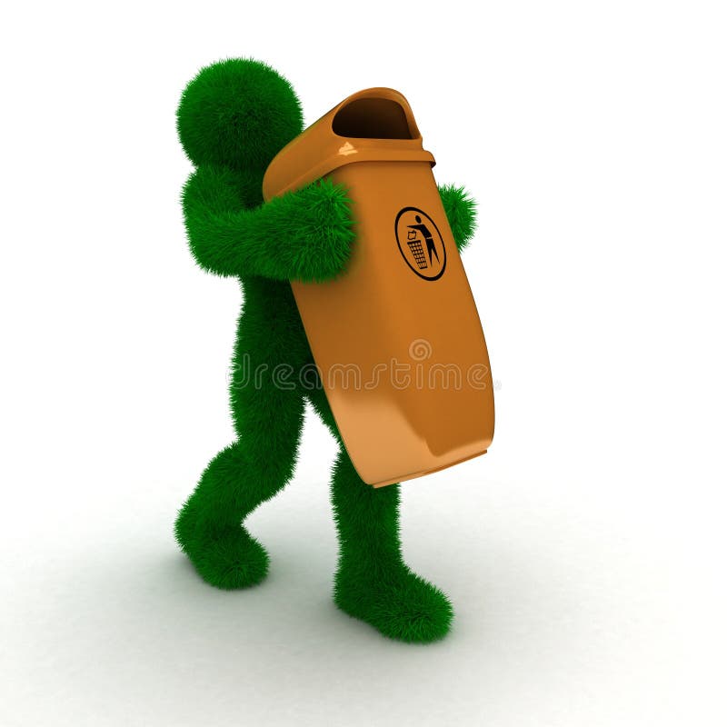 3D man holds recycle bin isolated on white.