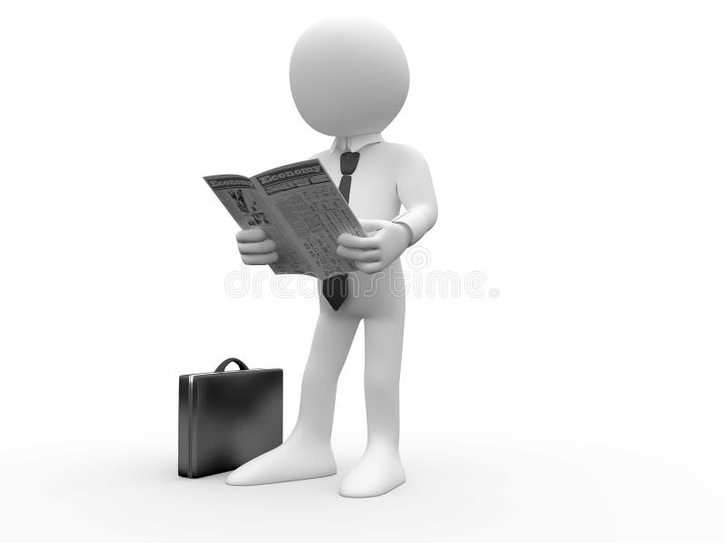 3d human reading the newspaper with his briefcase on the floor and a shirt and tie. Man reading magazine illustrations