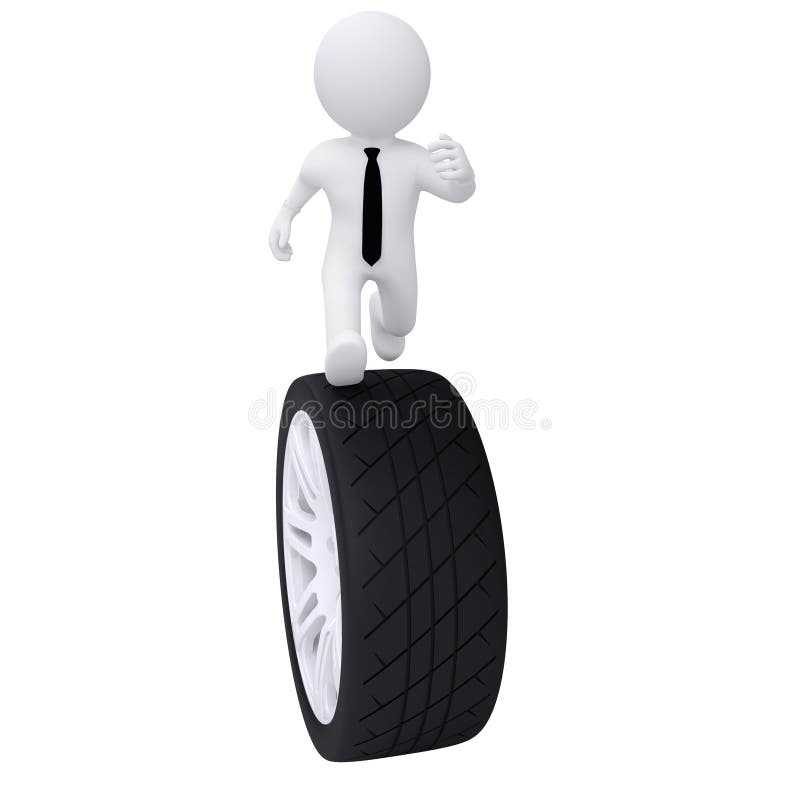 3d man running on the car wheel stock illustration