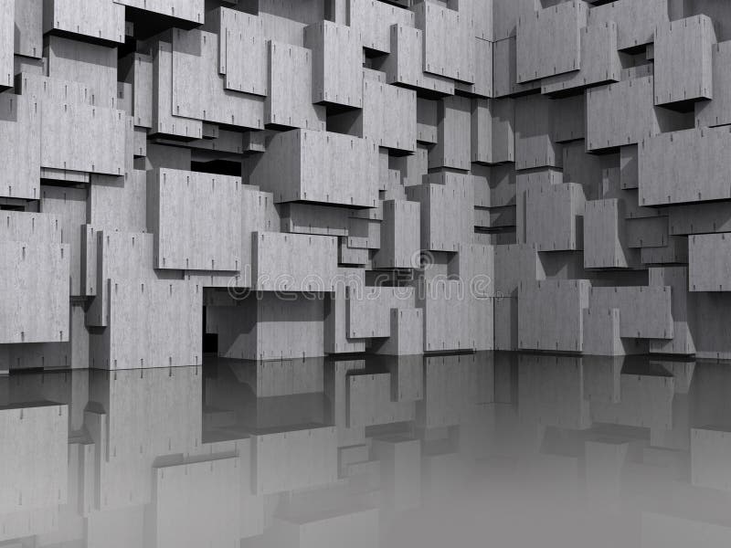 Modello 3D di architettura di sfondo, con la pila di blocchi di cemento.
