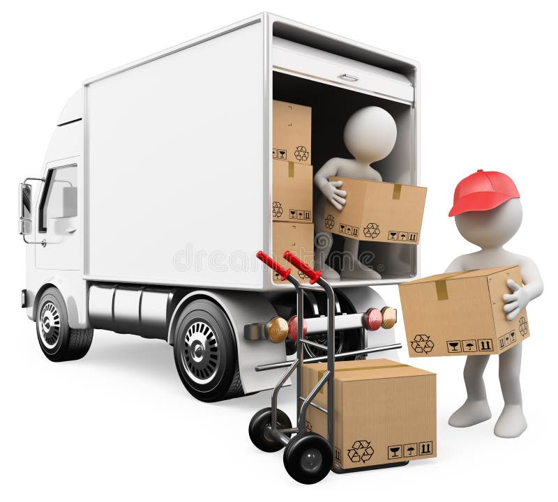 3D people. Workers unloading boxes from a truck