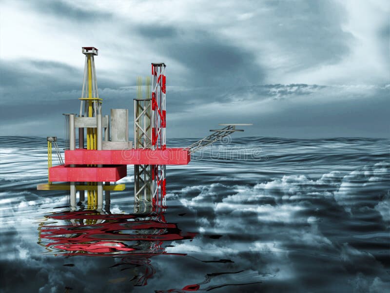 3d Oil Rig Drilling Platform, Ocean and Dark Clouds. 3d Oil Rig Drilling Platform, Ocean and Dark Clouds