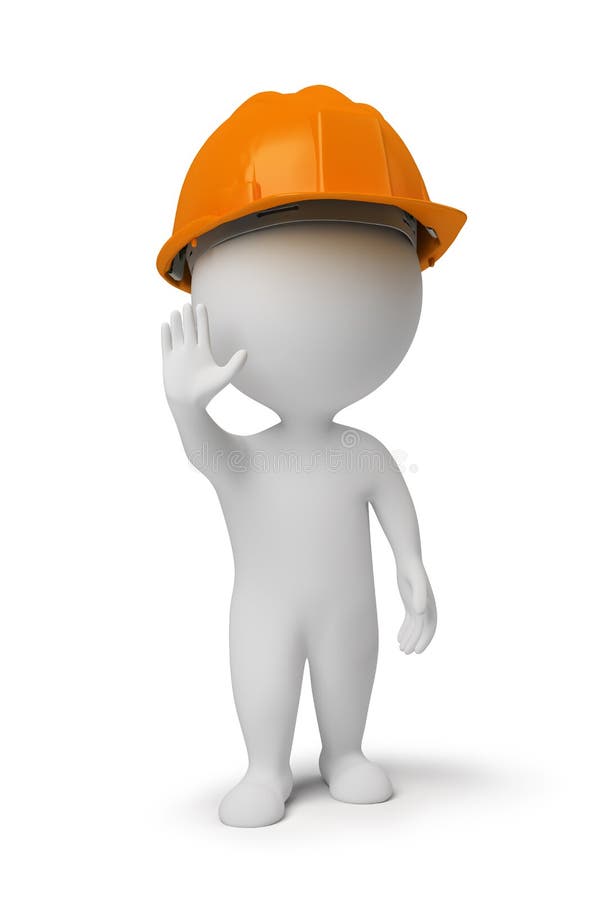 3d small people - worker in a helmet at a stop pose. 3d image. Isolated white background. 3d small people - worker in a helmet at a stop pose. 3d image. Isolated white background.