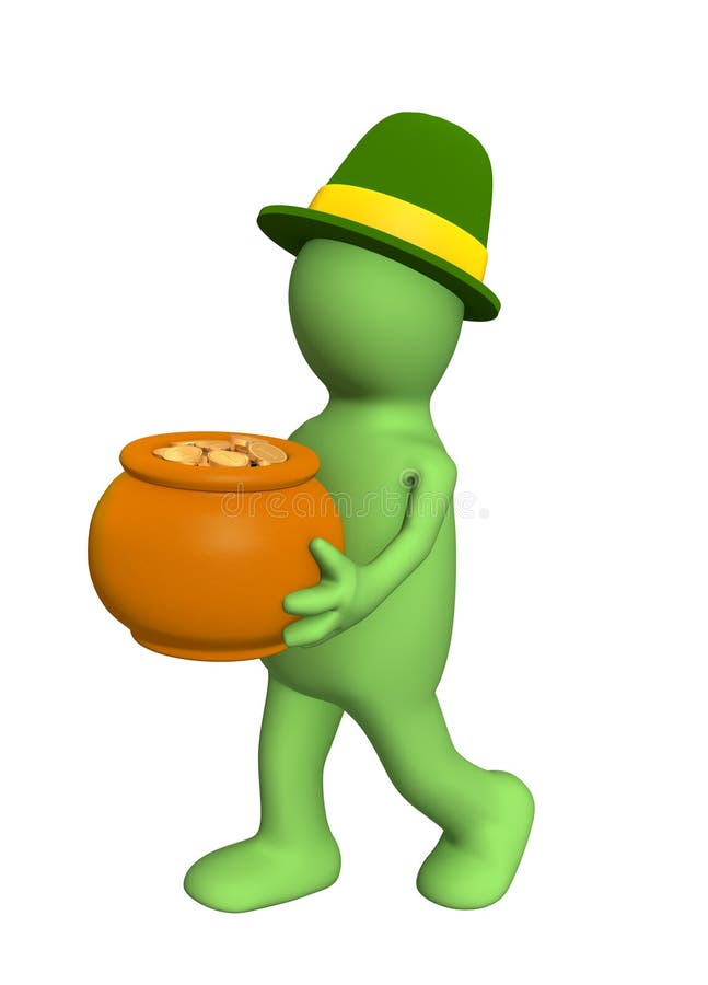 3d puppet - leprechaun, carrying pot with gold stock illustration