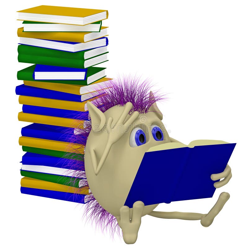 3D puppet sitting before pile of books