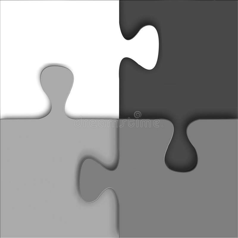 Closeup of connected four piece 3d puzzle in black, gray and white.