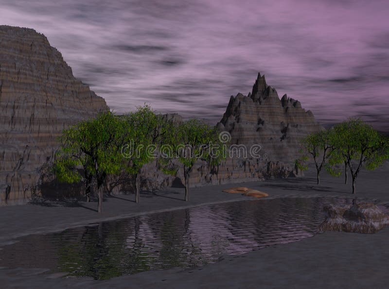 3d Rendered Night Desert Lake