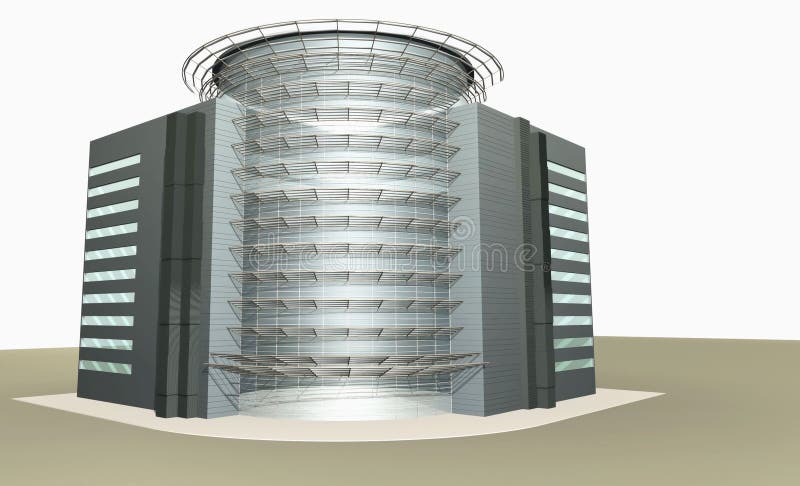 Rendering 3D di un edificio moderno con facciata in vetro.