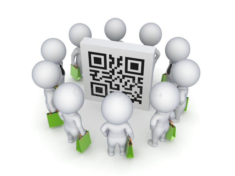 3d small people with green bags around QR code. royalty free illustration 3d small people with green bags around QR code. royalty free illustration
