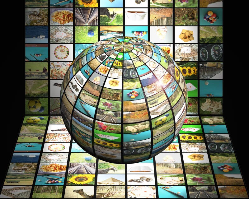 Sphere with many pictures in front of digital television screen, modern 3D television concept. Sphere with many pictures in front of digital television screen, modern 3D television concept