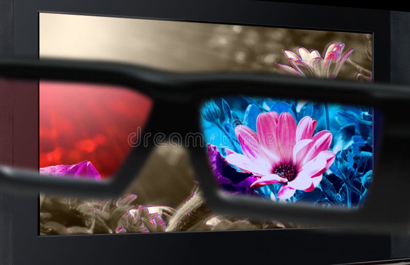 Glasses 3D in front of the TV with a flower. 3D television. Glasses 3D in front of the TV with a flower. 3D television.