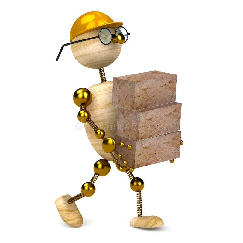 3d wood man carrying bricks