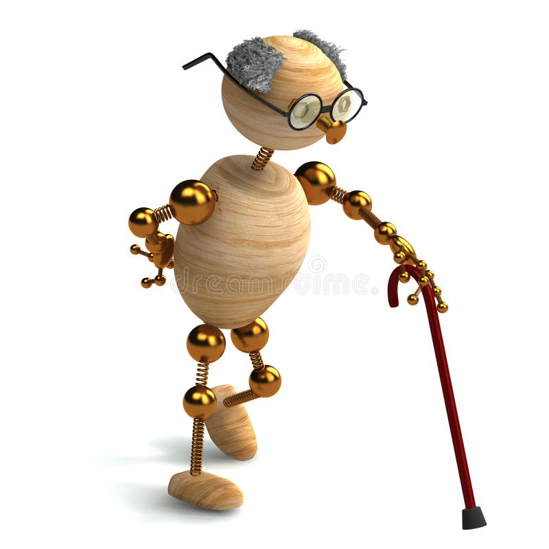 3d wood man old with walking stick