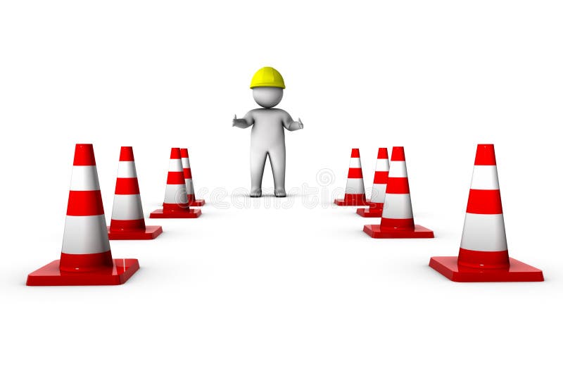 3d worker with traffic cones vector illustration