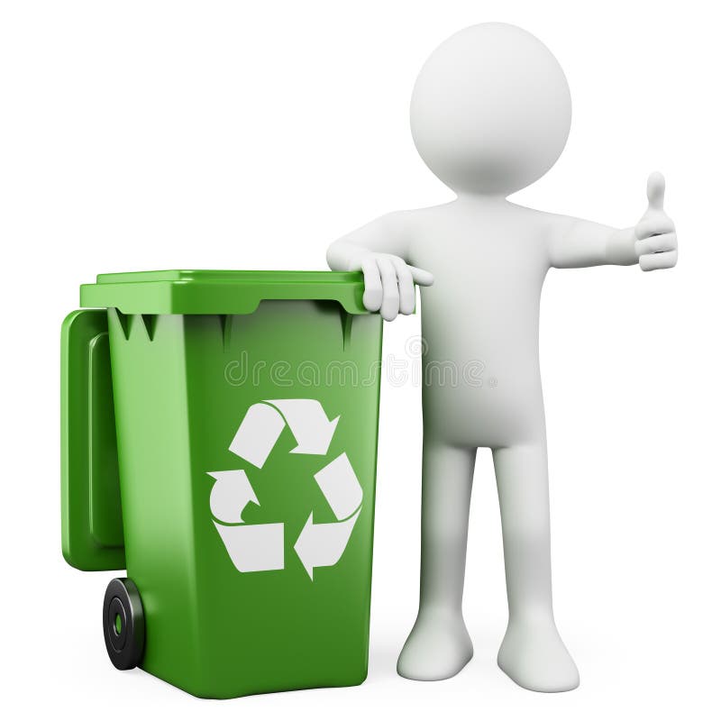 3D person showing a green bin for recycling. Rendered on a white background with diffuse shadows. 3D person showing a green bin for recycling. Rendered on a white background with diffuse shadows.