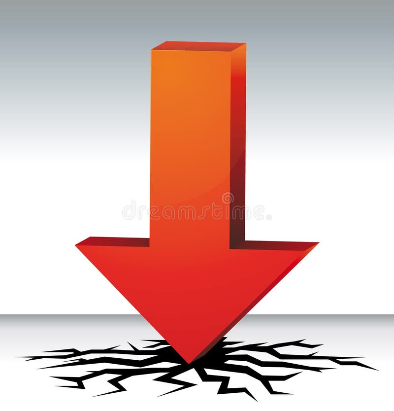 3D red arrow crashing. Crisis or sales symbol. 3D red arrow crashing. Crisis or sales symbol.