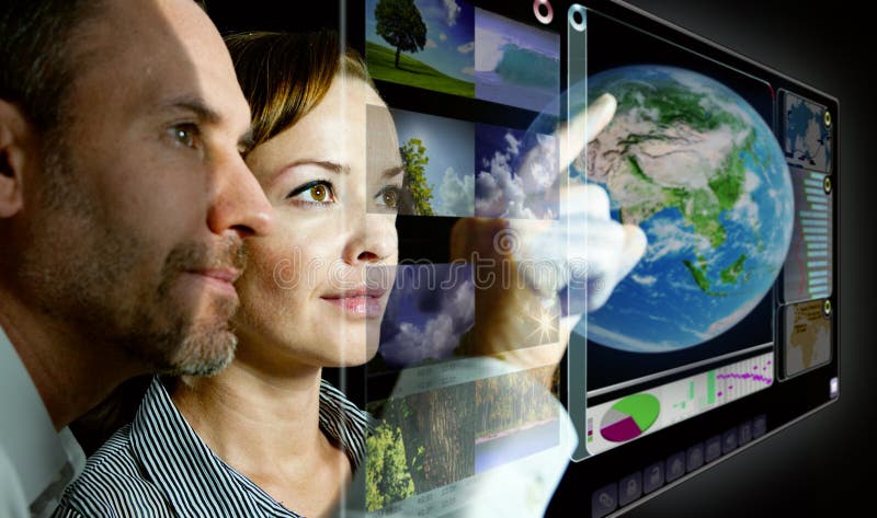 Man an d woman are working with futuristic screen. Man an d woman are working with futuristic screen