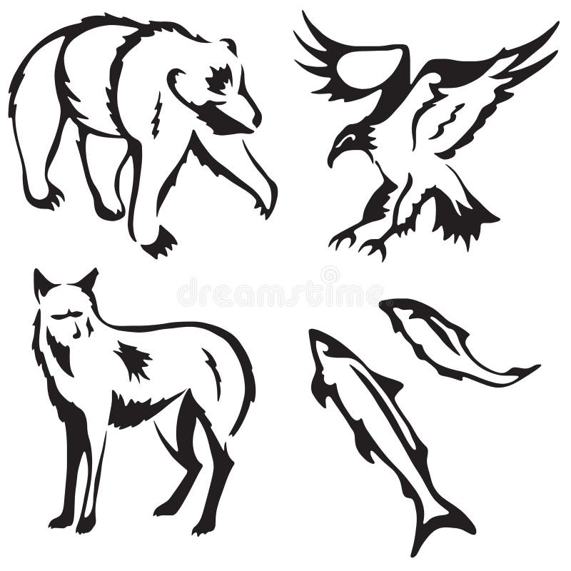 Stylized illustrations of a bear, eagle, fox and salmon. Stylized illustrations of a bear, eagle, fox and salmon
