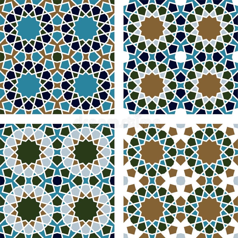 4 Islamic Star Patterns Brown, Blue, Green, White vector illustration