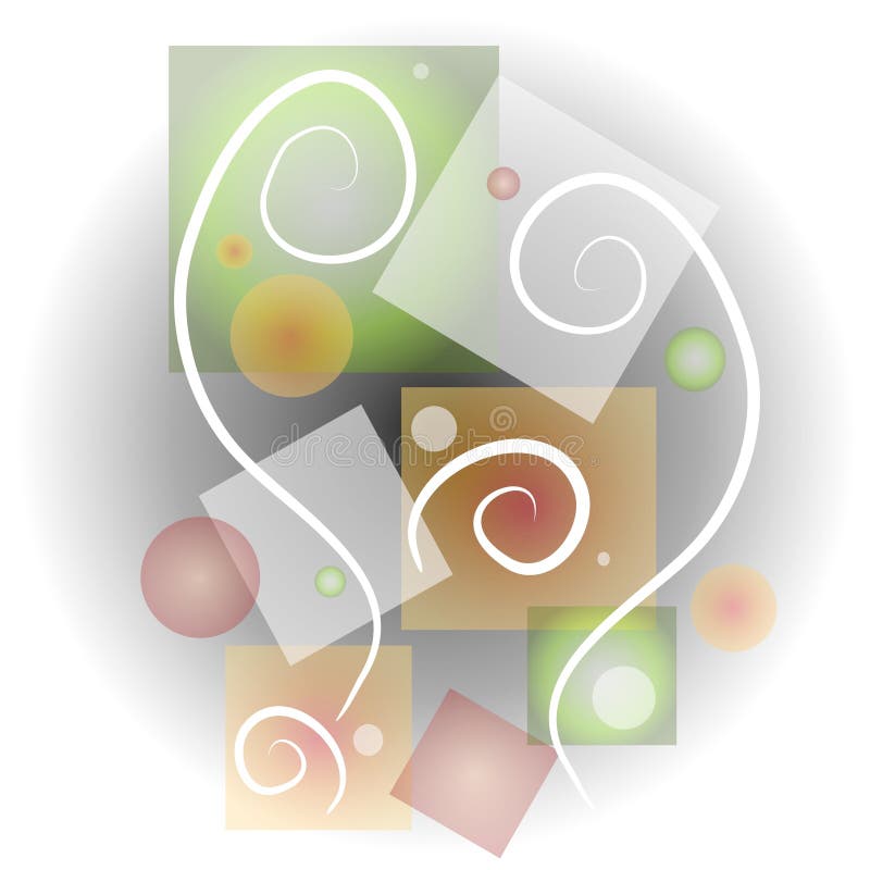 An abstract art illustration of a series of squares, swirls and circles casually arranged in different colors and opacity with a soft dropshadow background for collage effect. An abstract art illustration of a series of squares, swirls and circles casually arranged in different colors and opacity with a soft dropshadow background for collage effect.