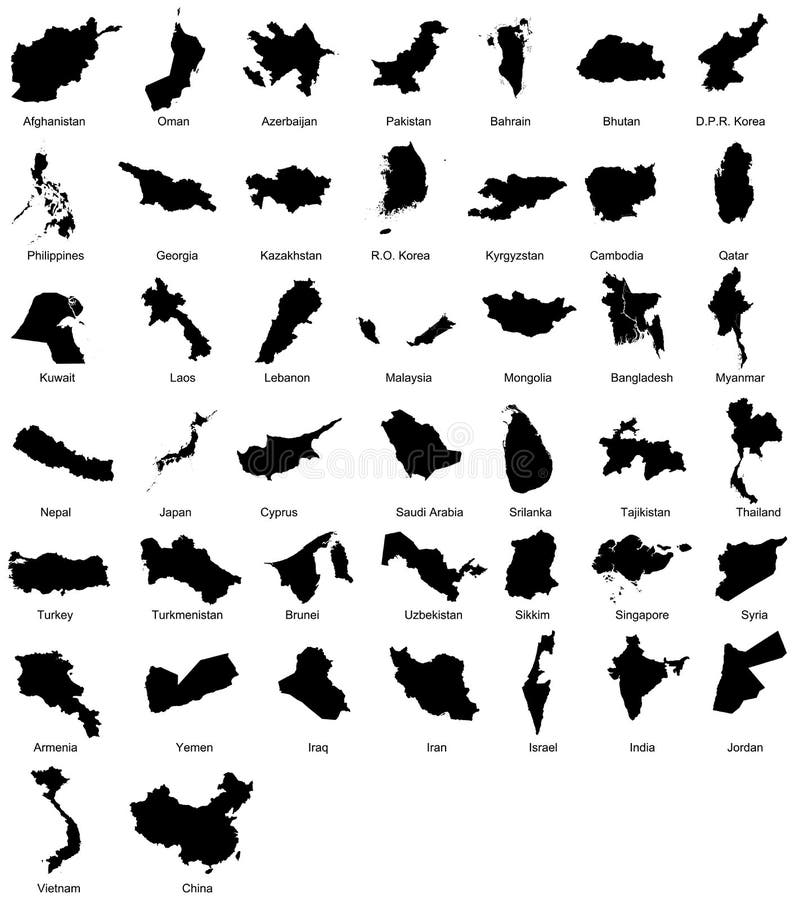 Layered editable vector illustration silhouette country map of 44 asian countries.