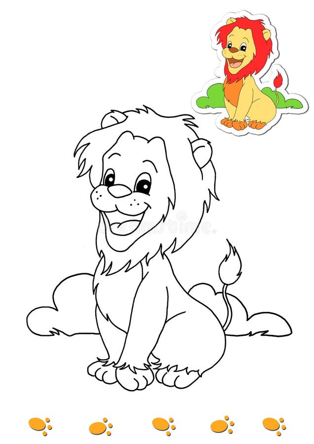 Page with the lion to be color for children. Digital illustration realized with Photoshop with the sketch in black and white and the colored example. Page with the lion to be color for children. Digital illustration realized with Photoshop with the sketch in black and white and the colored example