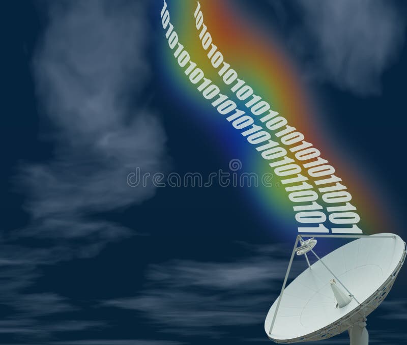 Satellite dish with data binary text on blue sky with clouds. Satellite dish with data binary text on blue sky with clouds