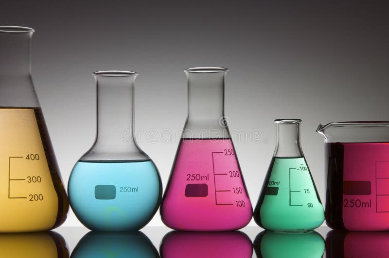 Five flasks with bright colored liquid. Five flasks with bright colored liquid