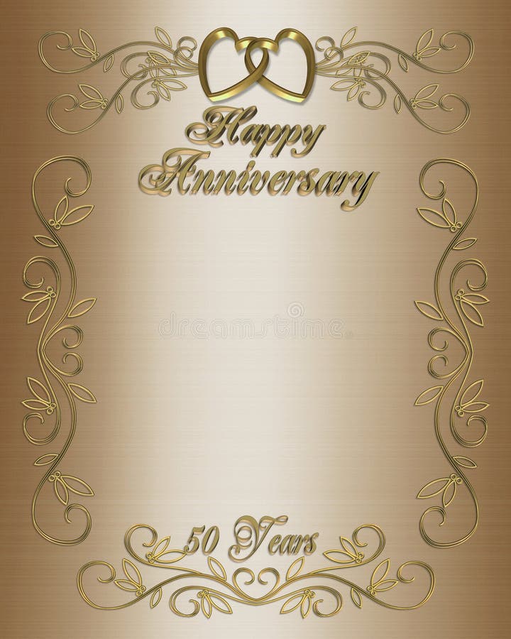 Illustration composition 3D, design for 50th wedding anniversary elegant background, border or formal invitation with golden text, linked hearts on golden satin with copy space. Illustration composition 3D, design for 50th wedding anniversary elegant background, border or formal invitation with golden text, linked hearts on golden satin with copy space