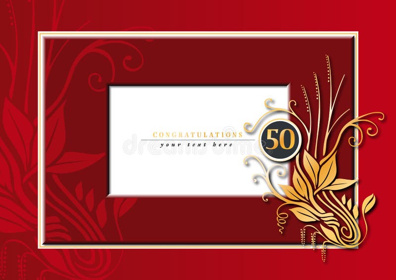 Editable illustration of a red and golden congratulations card for 50th anniversary, jubilee, wedding or birthday. Editable illustration of a red and golden congratulations card for 50th anniversary, jubilee, wedding or birthday