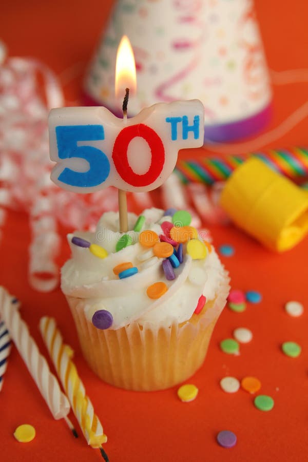 50th Candle On A Cupcake On A Blue Background Stock Photo - Image of colorful, food: 170429506