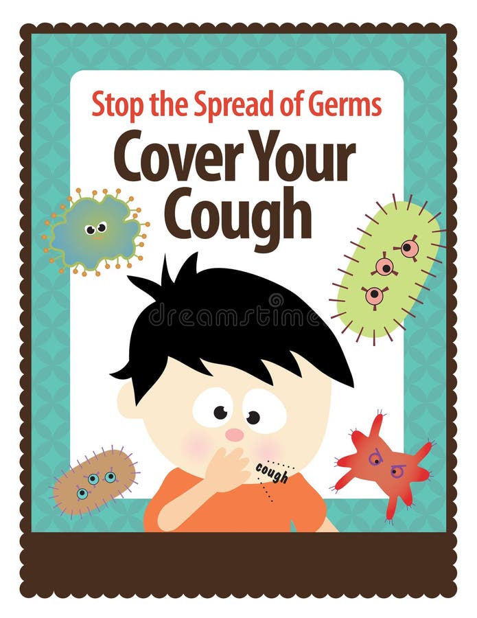 8.5x11 Flyer (Cover Your Cough) with coughing boy and germs. 8.5x11 Flyer (Cover Your Cough) with coughing boy and germs