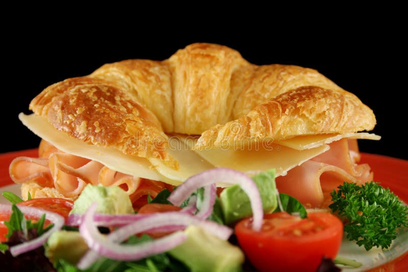 Delicious ham and cheddar cheese croissant with salad. Delicious ham and cheddar cheese croissant with salad.