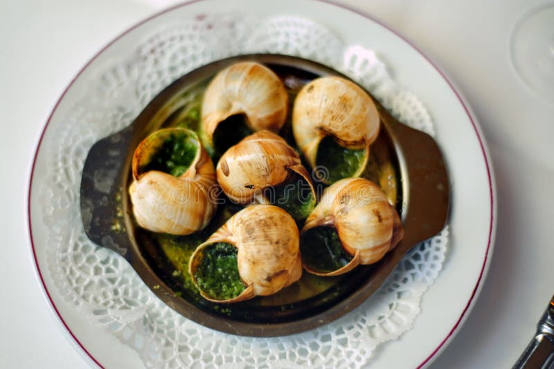 Paris France, French Brasserie Restaurant, Detail, French Food on a Plate, 6 Snails, PS-49853. Paris France, French Brasserie Restaurant, Detail, French Food on a Plate, 6 Snails, PS-49853