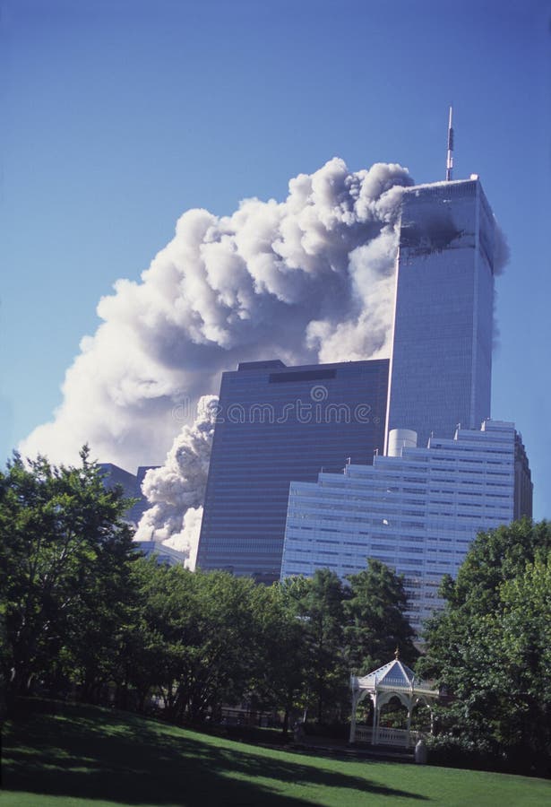 View of WTC on fire from Washington Market Park, corner of Greenwich Street and Chambers Street with South Tower fallen. View of WTC on fire from Washington Market Park, corner of Greenwich Street and Chambers Street with South Tower fallen.