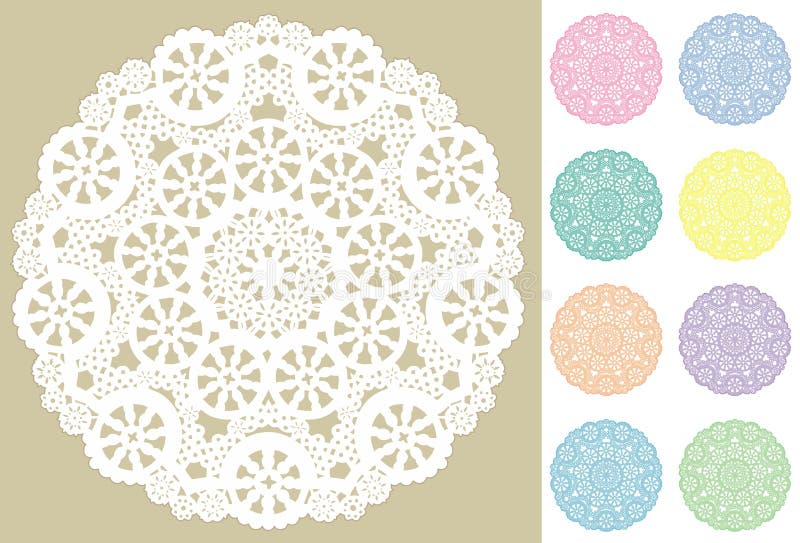 Antique lace doilies in white plus 8 pastel colors for decorating, sewing, celebrations, arts, crafts, setting table and cake decorating. Copy space. EPS8 compatible. Antique lace doilies in white plus 8 pastel colors for decorating, sewing, celebrations, arts, crafts, setting table and cake decorating. Copy space. EPS8 compatible.
