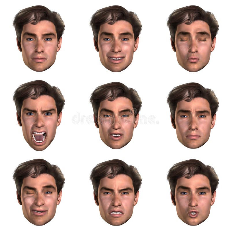 Computer generated face with nine expressions with Clipping Path. Computer generated face with nine expressions with Clipping Path