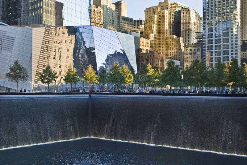 The 9/11 Memorial footprint of the Twin Towers pool, waterfall and surrounding buildings. The 9/11 Memorial footprint of the Twin Towers pool, waterfall and surrounding buildings.