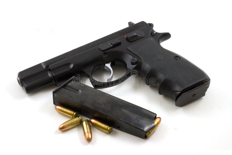 A 9mm semi-automatic pistol with four bullets and an extra clip. A 9mm semi-automatic pistol with four bullets and an extra clip.