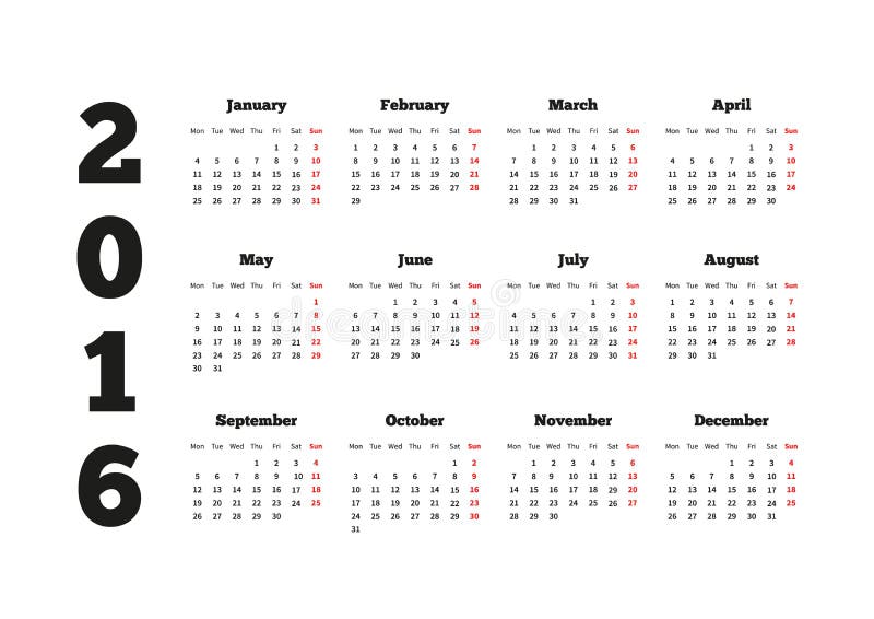 Año Del Calendario 2016 a Partir De Ilustración del - Ilustración de planificador, organizador: 61940385