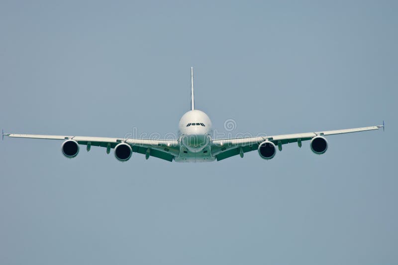 A380 low fly by frontal view with flaps and slats down. A380 low fly by frontal view with flaps and slats down.