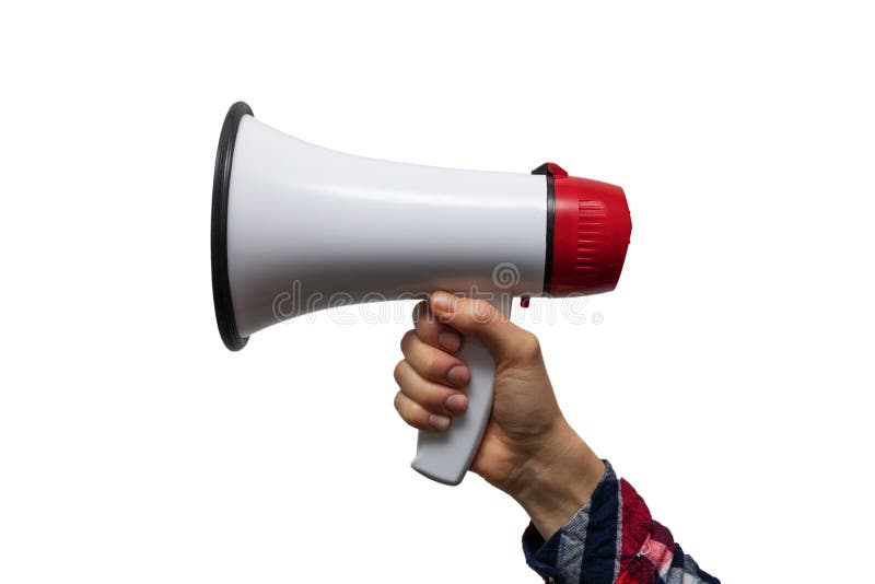aankondiging - hand met megafoon op wit wordt geïsoleerd dat stock foto's aankondiging - hand met megafoon op wit wordt geïsoleerd dat stock foto's