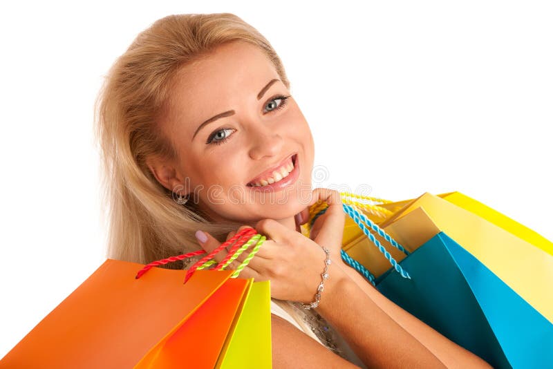 Aantrekkelijk blondemeisje met kleurrijke het winkelen zakken royalty-vrije stock afbeelding Aantrekkelijk blondemeisje met kleurrijke het winkelen zakken royalty-vrije stock afbeelding