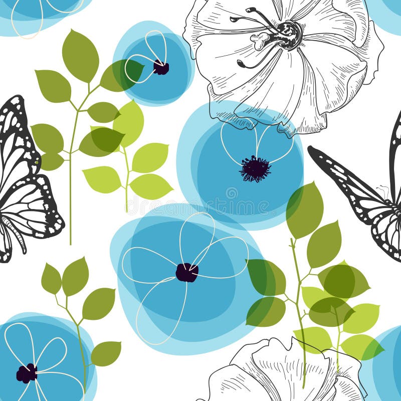 Blue flowers and butterfly over white, nature seamless pattern. Blue flowers and butterfly over white, nature seamless pattern