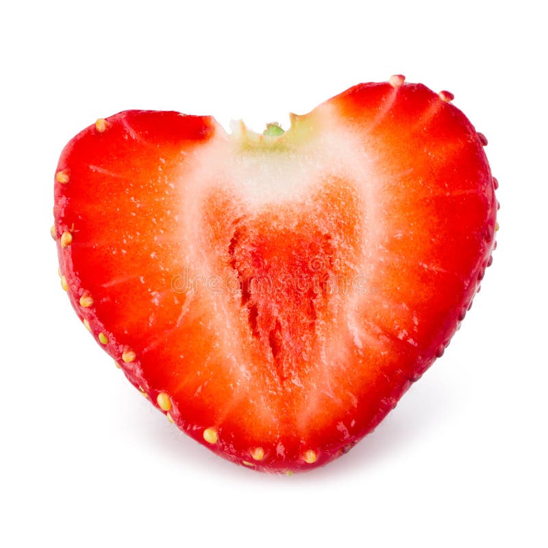 Aardbei De helft van bes zoals een hart op wit wordt geïsoleerd dat stock foto's Aardbei De helft van bes zoals een hart op wit wordt geïsoleerd dat stock foto's