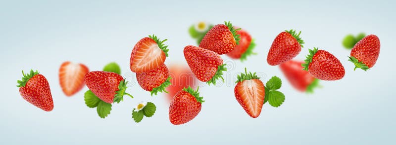 Aardbei die op grijze achtergrond, dalende aardbeien wordt geïsoleerd royalty-vrije stock afbeelding Aardbei die op grijze achtergrond, dalende aardbeien wordt geïsoleerd royalty-vrije stock afbeelding