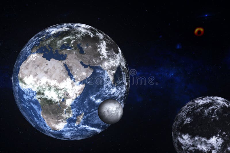 Aarde dichtbij onbekende donkere planeet met Maan ergens in ruimte vector illustratie Aarde dichtbij onbekende donkere planeet met Maan ergens in ruimte vector illustratie