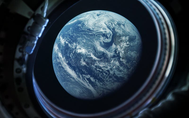 Earth planet and astronaut in space ship porthole. Elements of this image furnished by NASA. Earth planet and astronaut in space ship porthole. Elements of this image furnished by NASA
