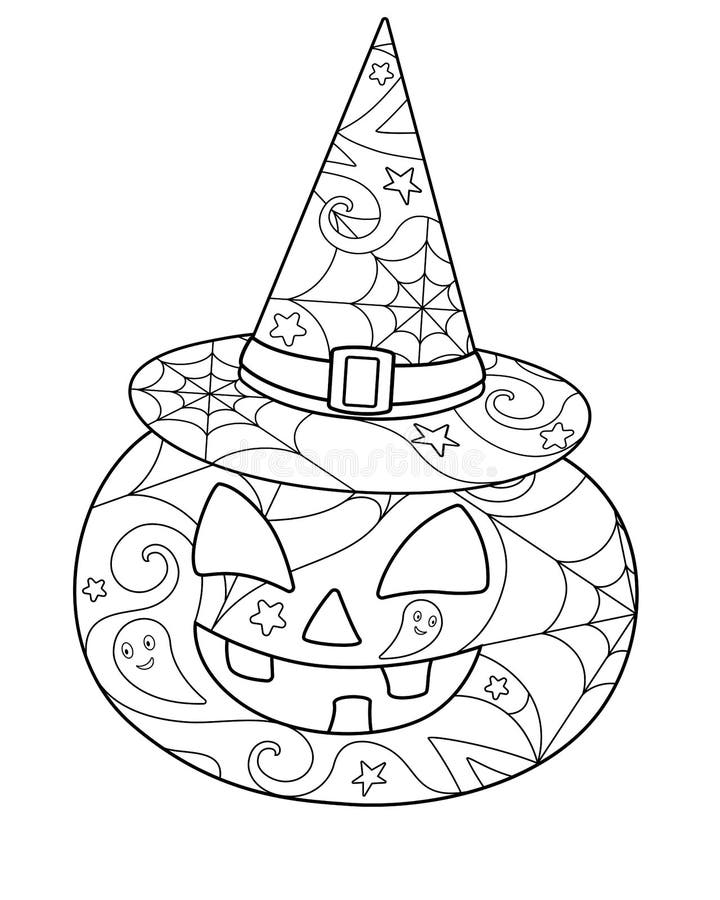 Desenho Para Colorir abóbora e chapéu de bruxa - Imagens Grátis