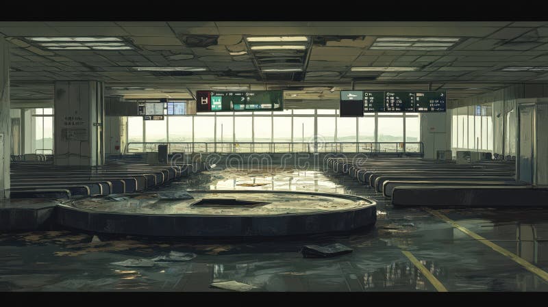Abandoned Airport Wariting Area zeigt Niedergang und Überflutung vektor abbildung